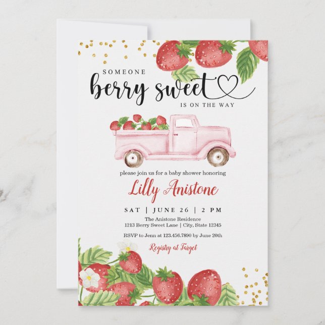 Bjukinbjudan till Berry Sweet Strawberry Baby Show Inbjudningar (Framsida)