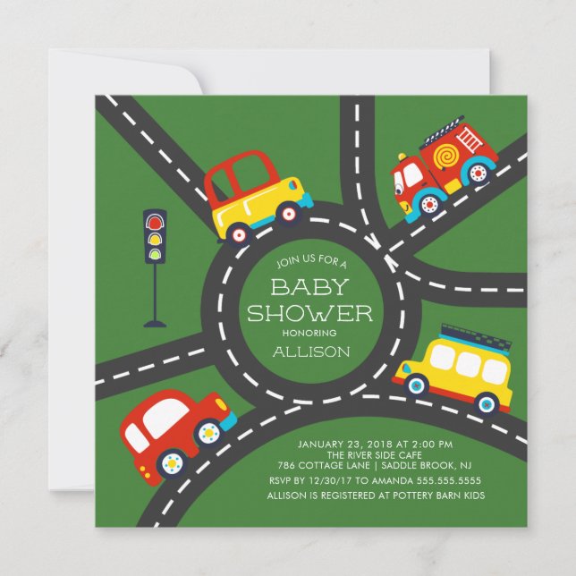 Bjukinbjudan till Cute Car Roadway Boys Baby Showe Inbjudningar (Framsida)