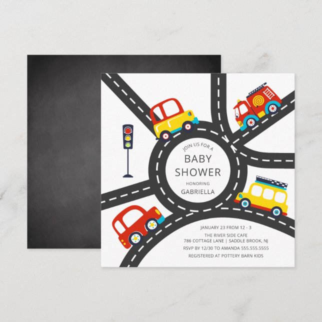 Bjukinbjudan till Cute Car Roadway Boys Baby Showe Inbjudningar (Fram/baksida)
