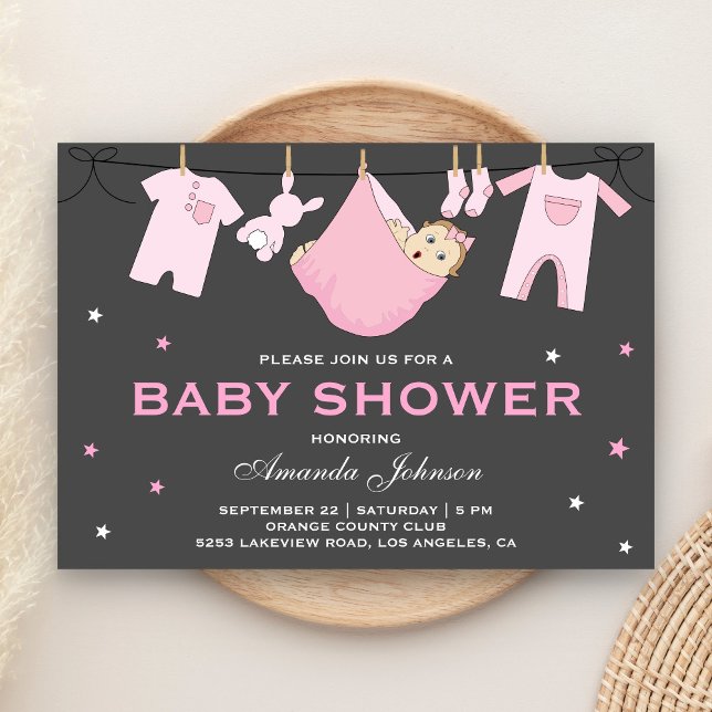 Bjukinbjudan till Cute Flicka Clothesline Baby Sho Inbjudningar (Skapare uppladdad)