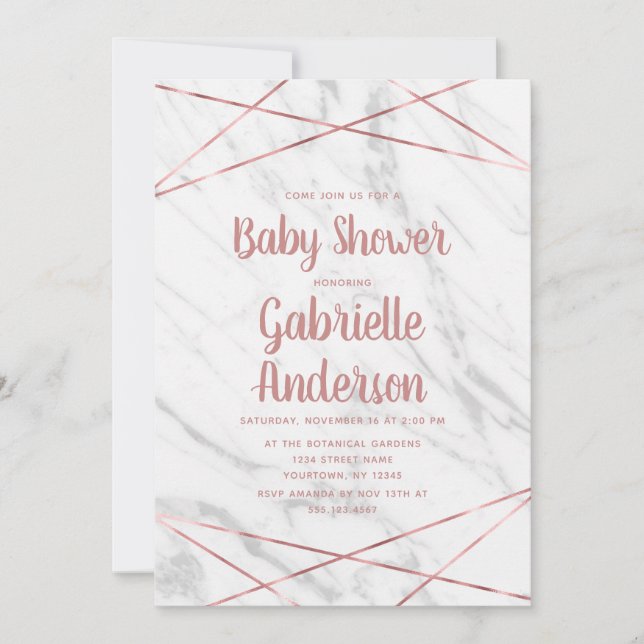 Bjukinbjudan till Vita Marble Ro Guld Line Baby Sh Inbjudningar (Framsida)
