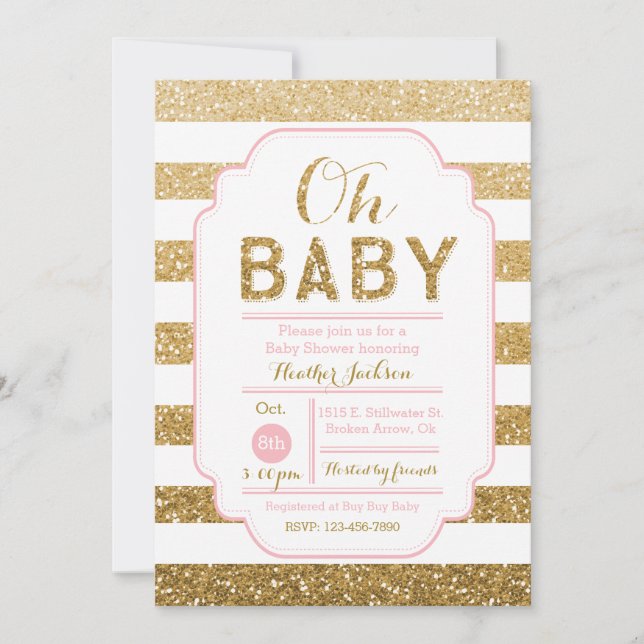 Bjukskidinbjudan med Rosa och Guld Glitter Inbjudningar (Framsida)
