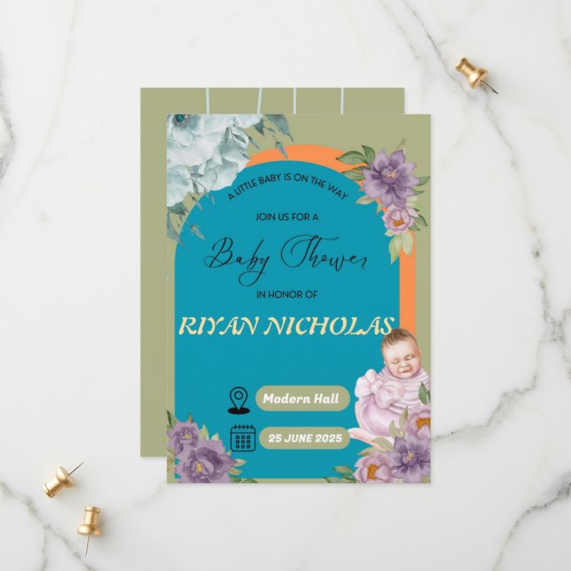 Bjukstöldsinbjudan för flicka eller pojke spara datumet (Fram/Back In Situ)