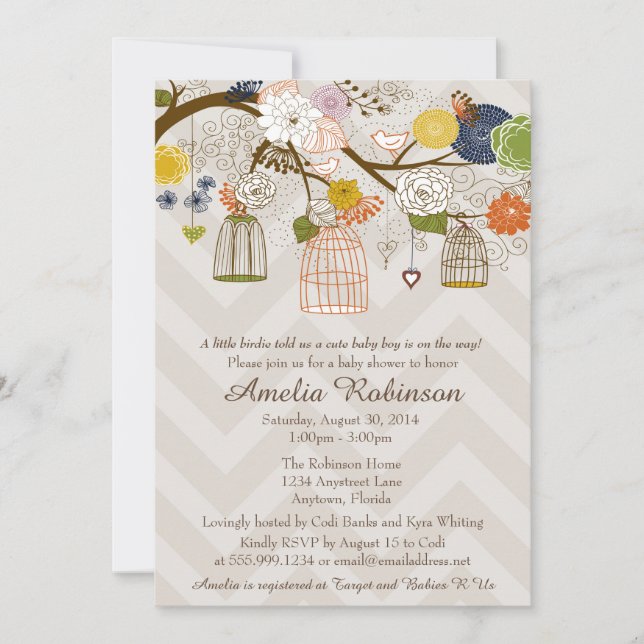 Bjukstömningsinbjudan, fågelburar Träd Färg, fetst Inbjudningar (Framsida)