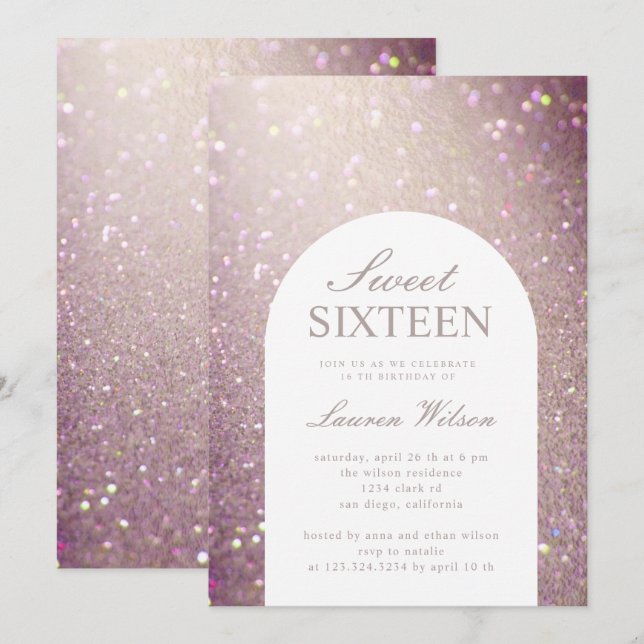 Bkech iridescent koppar glitter sweet sixteen inbjudningar (Fram/baksida)