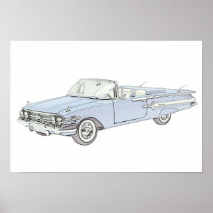Blå 1960 Chevy Impala Conversible Pencil Teckning Poster