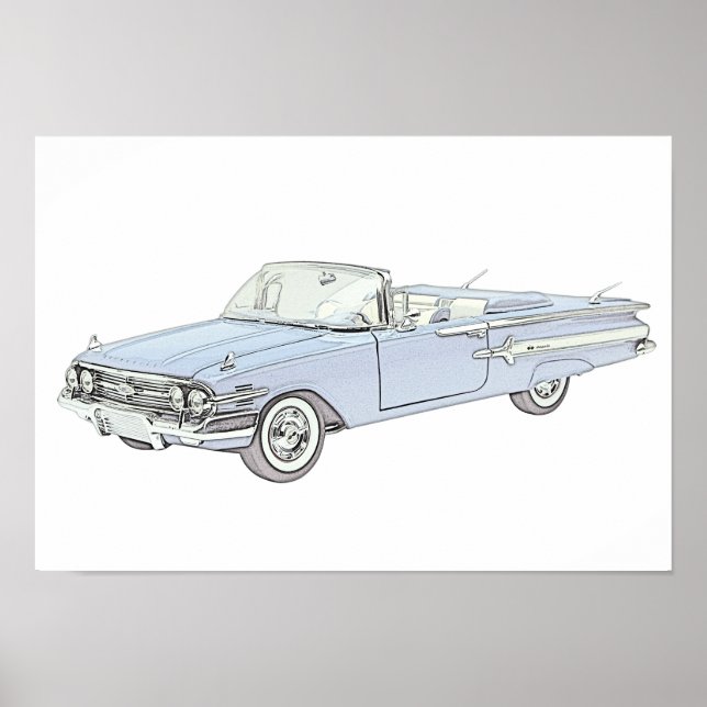 Blå 1960 Chevy Impala Conversible Pencil Teckning Poster (Framsidan)