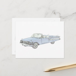 Blå 1960 Chevy Impala Conversible Pencil Teckning Vykort