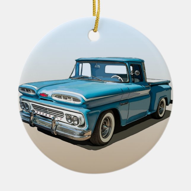 Blå 1960 Pickup prydnad av Chevy Julgransprydnad Keramik (Framsidan)