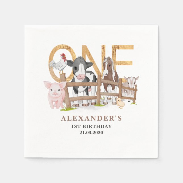 Blå 1-årsdag gårdsdjur Barnyard Barn Servetter (Framsidan)