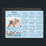 Blå 2024 Magnetisk kalender - två foton<br><div class="desc">För 2025-kalendern med den här designen,  gå till https://www.zazzle.com/2025_calendar_magnet_two_photos_collage_blue-256167150857884389 Skapa en 2024-magnetisk fotokalender med två anpassningsbar bilder på himmel blå bakgrund. Det är en unik nyckelfråga för familj,  vänner,  arbetskamrater,  kolleger inför jul,  nyår eller tillfälle.</div>