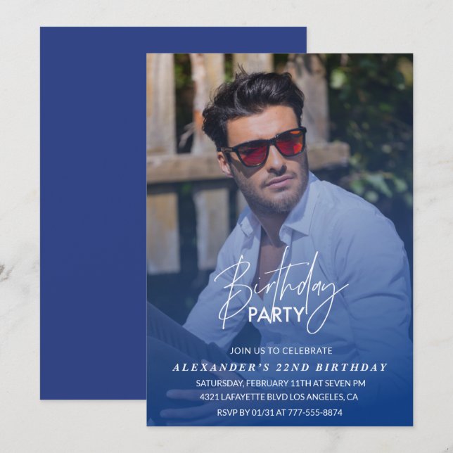 Blå 22-års inbjudan Födelsedagsfest Foto (Fram/baksida)