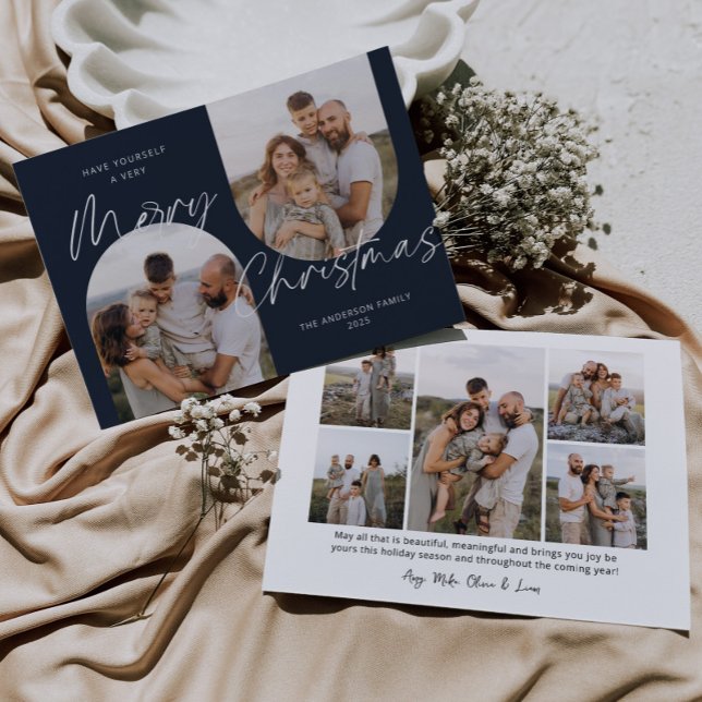 Blå 2-arks foton Modern Elegant Jul Julkort (Skapare uppladdad)