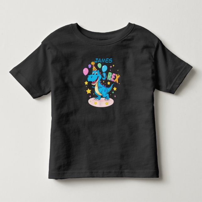 Blå 3:e födelsedagen Dinosaur Firande T-Shirt (Framsida)