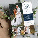 Blå 3-foto-galleriet Bröllop spara datum Spara Datumet<br><div class="desc">Perfekt för modernt par,  den här anpassningsbarna sparar datumen med ren typografi,  en slimmad vit bakgrund och utrymme för namn-,  datum- och personlig-meddelanden. Oavsett om du planerar en contemporary city bröllop eller en målhändelse för chicen anger det här fotokortet tonen på ett vackert sätt.</div>