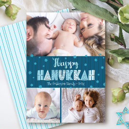 Blå 3 Foto Glad Hanukkah Modern Rolig Typografi Julkort