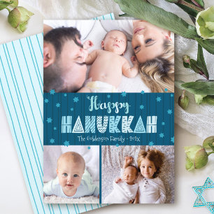 Blå 3 Foto Glad Hanukkah Modern Rolig Typografi Julkort