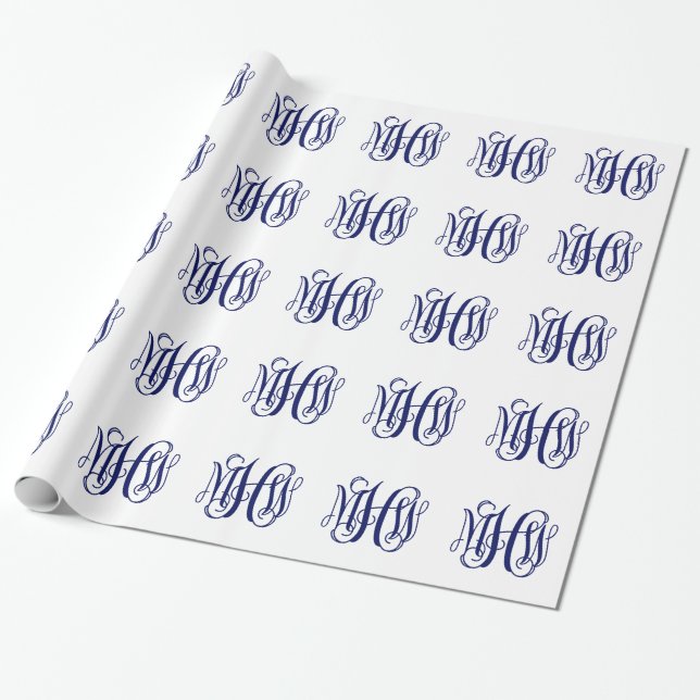 Blå 3-Initialer Vine-skript, Monogram DIY BG Presentpapper (Utrullad)