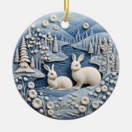 Blå 3D Cute White Rabbits Animal Chirstmas Julgransprydnad Keramik