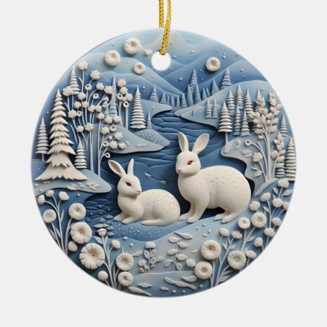 Blå 3D Cute White Rabbits Animal Chirstmas Julgransprydnad Keramik (Framsidan)