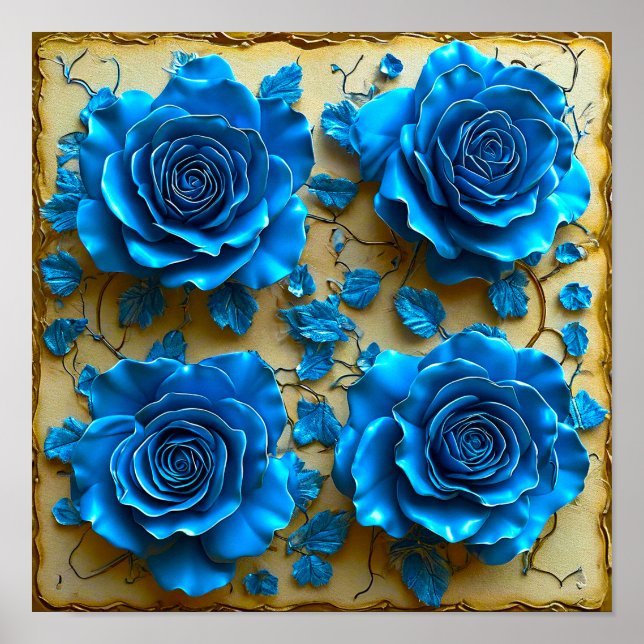 💙 Blå 3D Rosor Elegant Blommig Modern Fantasy Poster (Framsidan)
