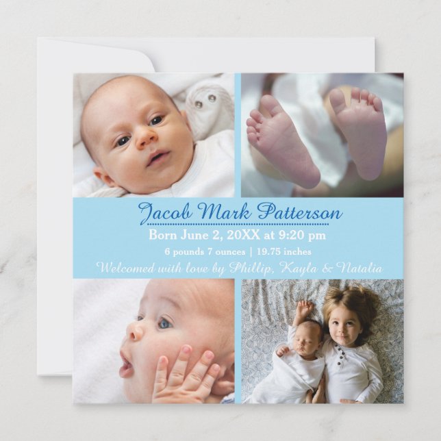 Blå 4 foton - födelsemeddelande meddelande (Framsida)