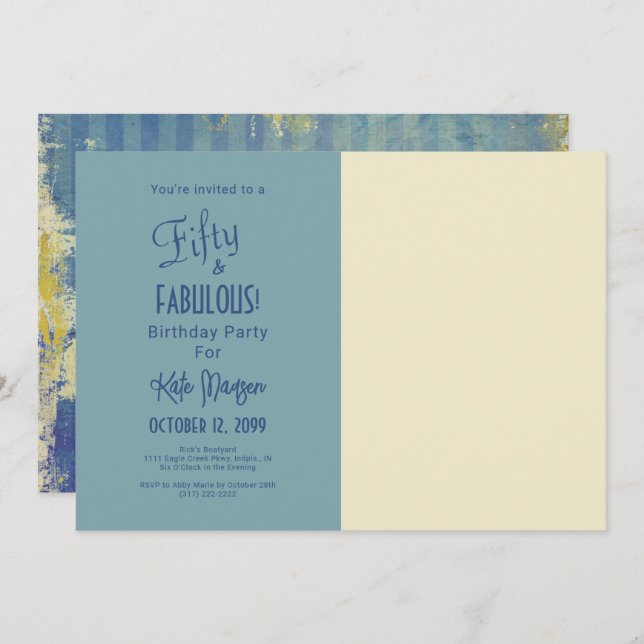 Blå 50-bitars och FABULOUS-Födelsedagsfest-foto Inbjudningar (Fram/baksida)