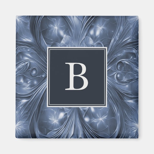 Blå Abstrakt, blommande monogrammagnet Magnet (Framsidan)