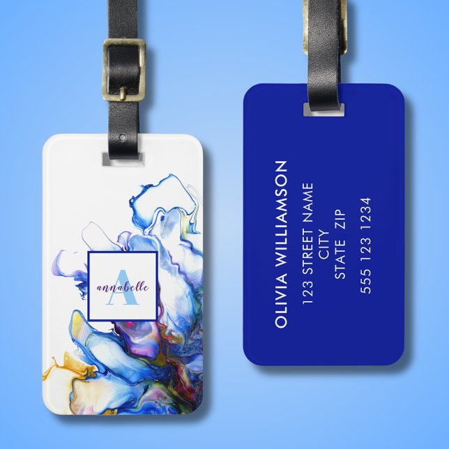 Blå Abstrakt Fluid Art Agate Namn Bagagebricka (Colorful abstract fluid art luggage tag with custom name and personalized address details to reverse)