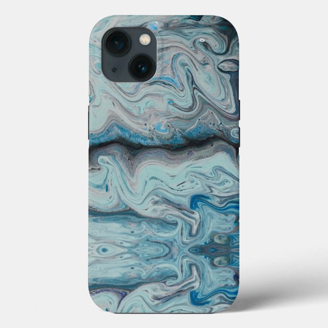 Blå abstrakt marmorerad iPhone 13-fodral. (Baksida)
