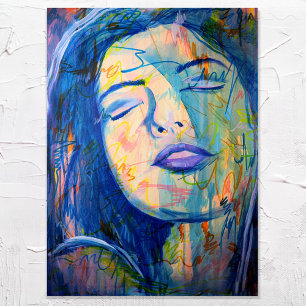 Blå Abstrakt Realism Woman Porträtt Art Skriv ut Poster