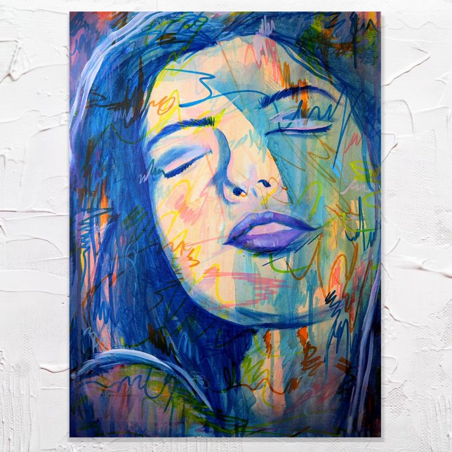 Blå Abstrakt Realism Woman Porträtt Art Skriv ut Poster (Skapare uppladdad)
