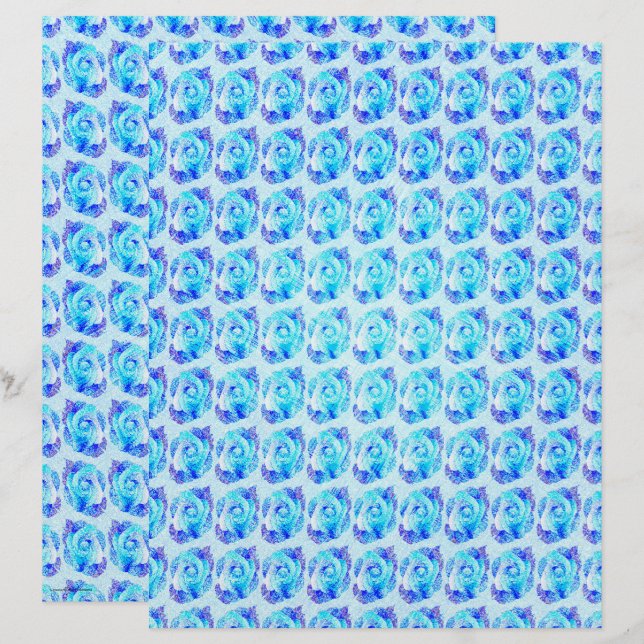 Blå Abstrakt Rosor Scrapbookpapper 2-Sidig Sida (Fram/baksida)