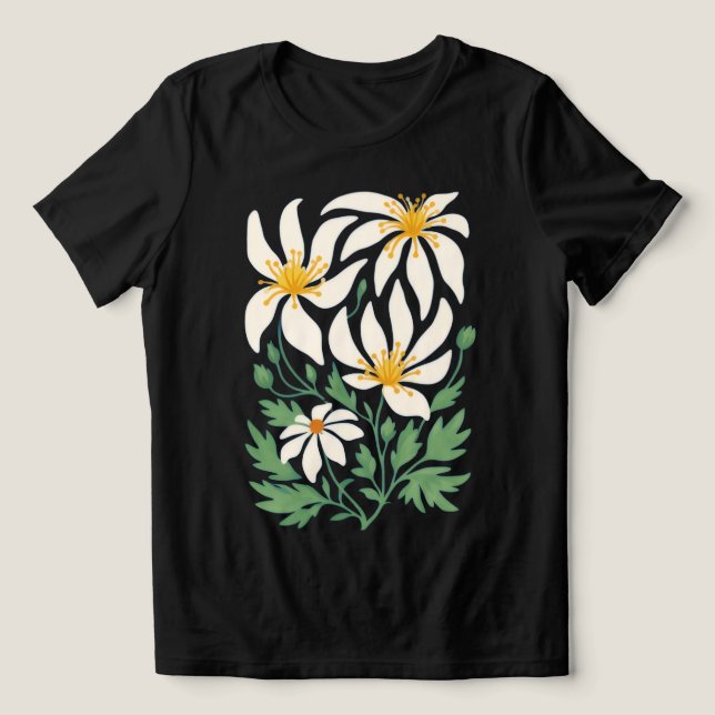 Blå abstrakt T-shirt med blommotiv för kvinnor (Design Framsida)