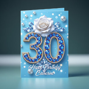 Blå ädelstenar och pärlor Vit ros 30-årsdag Kort