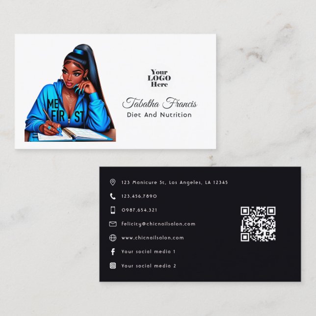 Blå Afro Black Woman Empowerdesign Visitkort (Fram/baksida)