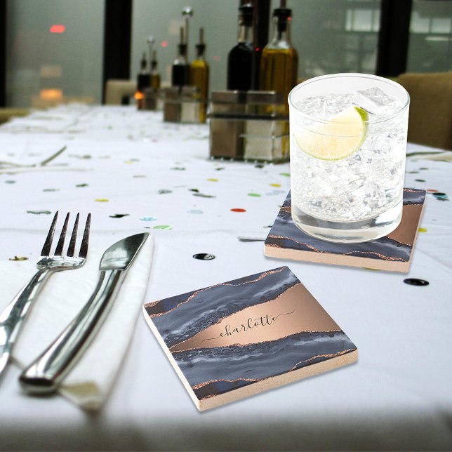 Blå agat marmor roséguld namn skript stenunderlägg (Skapare uppladdad)