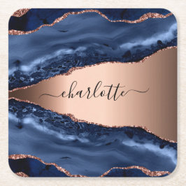 Blå agat marmor roséguld namn skript underlägg papper kvadrat