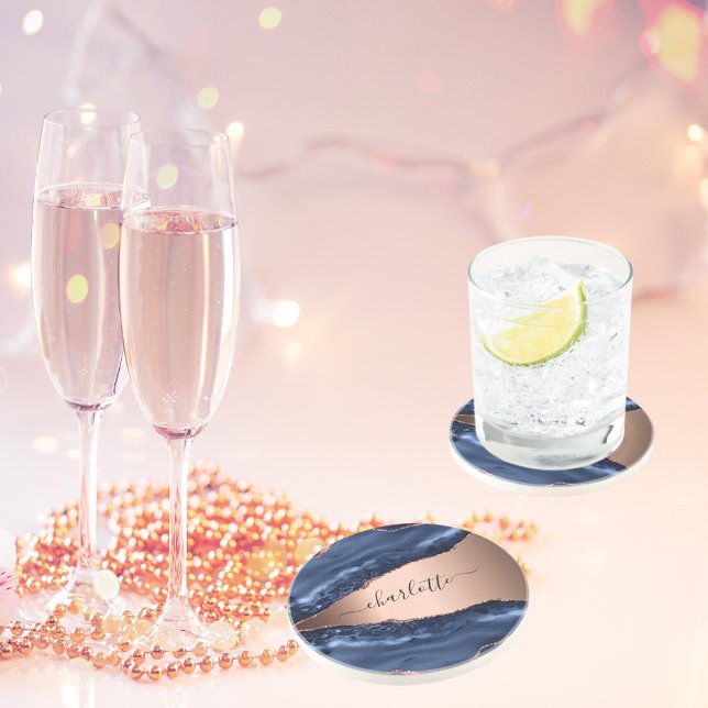 Blå agat marmorerad roséguld namn skript  underlägg (Skapare uppladdad)