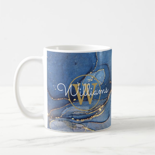 Blå Agate Geod Guld Monogram Skript Namn Kaffemugg (Vänster)