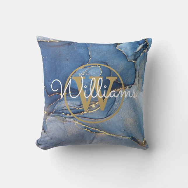 Blå Agate Geode Guld Monogram Namn Kudde (Framsida)