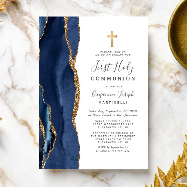  Blå Agate Guld Glitter Första Nattvarden Inbjudningar (Skapare uppladdad)