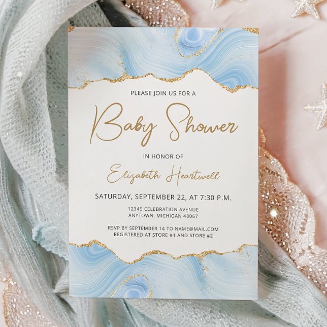 Blå Agate Guld Glitter Pojke Baby Shower Inbjudan (Skapare uppladdad)