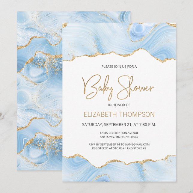 Blå Agate Guld Glitter Pojke Baby Shower Inbjudan (Fram/baksida)