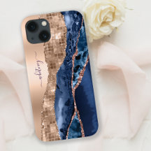 Blå Agate Marble & Ro Guld Glitter Modern