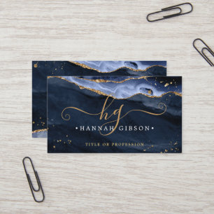 Blå Agate-skript, Monogram Faux Guld Glitter Visitkort