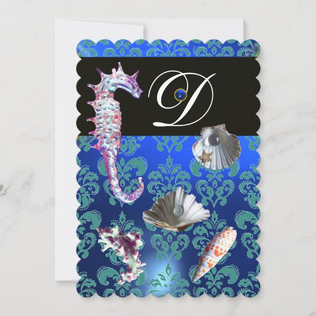 BLÅ AKVAMARIN DAMASK STRAND BRÖLLLOP MONOGRAM INBJUDNINGAR (Framsida)