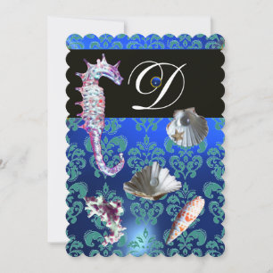BLÅ AKVAMARIN DAMASK STRAND BRÖLLLOP MONOGRAM INBJUDNINGAR