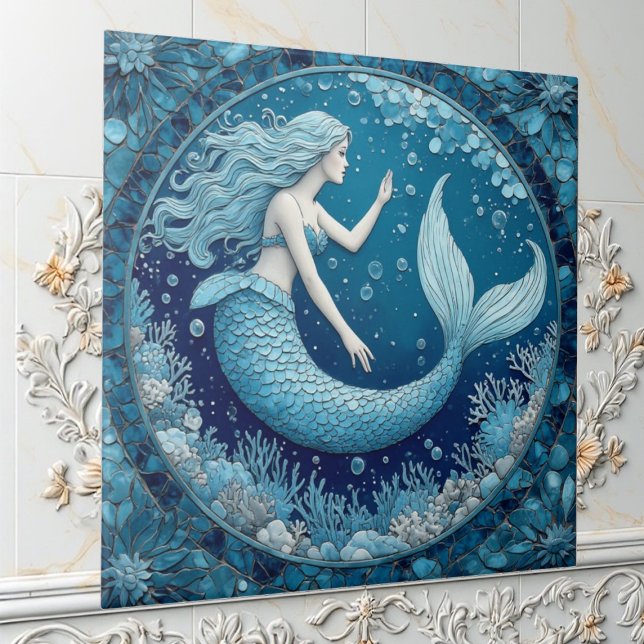 Blå Akvamarin Siren Havsbubbla Mozaik Lyster Kakelplatta (Blue Aquamarine Mermaid Ocean Bubble Mosaic Lustre Ceramic Tile)