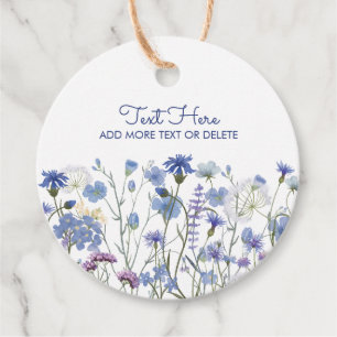 Blå akvarell äng med vilda blommor gåvor etiketter